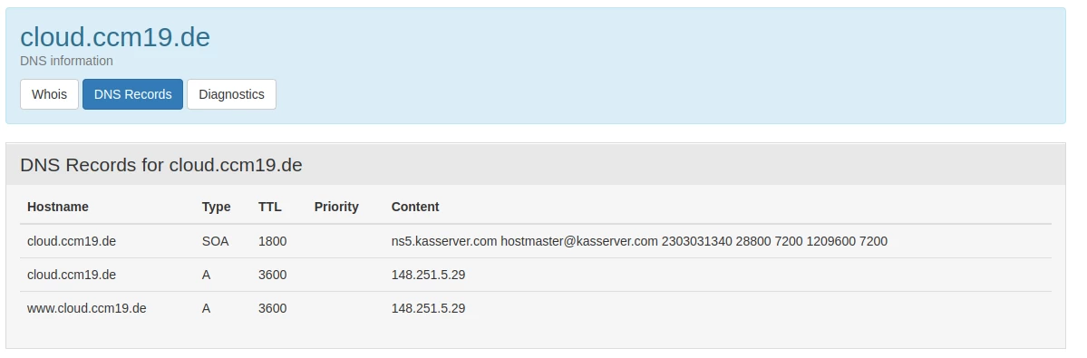 DNS entry cloud.ccm19.de