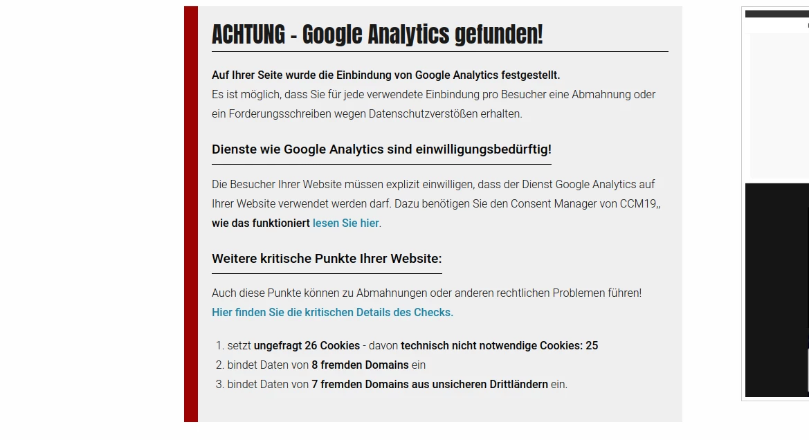 Exemple de résultat Google Analytics Checker