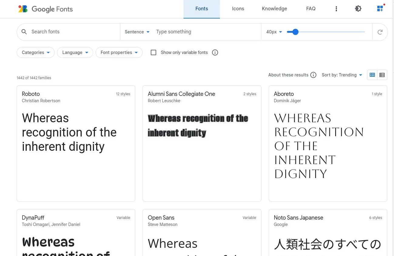 Google Fonts Webseite