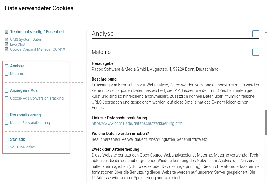 CCM19 granularer Consent in den Einstellungen Das Bild zeigt eine Ebene von CCM19, auf der granularer Consent für einzelne Dienste gegeben werden kann.