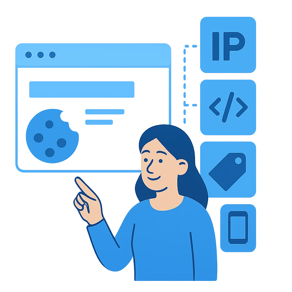 Illustration zeigt eine Frau, die auf Symbole für IP-Tracking, Tag-Manager, Cookies und Mobile-Tracking deutet – visuelle Darstellung des erweiterten Tracking-Schutzes durch CCM19 im Flat-Design.
