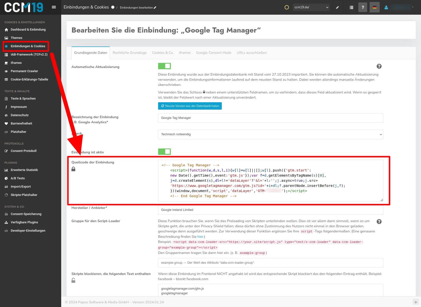 Backend von CCM19 zeigt